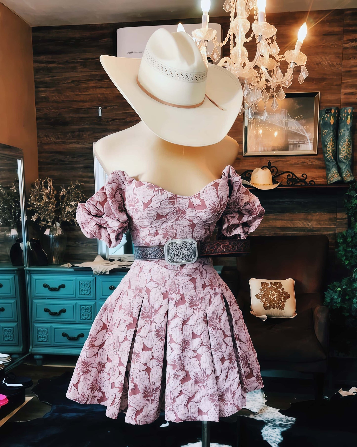 Western Off-Shoulder Pink Mini Ruffle Dress