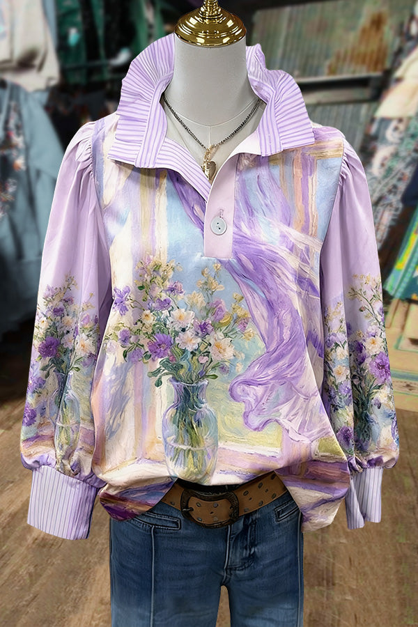 Sweet Floral Print Striped Long Sleeve Top