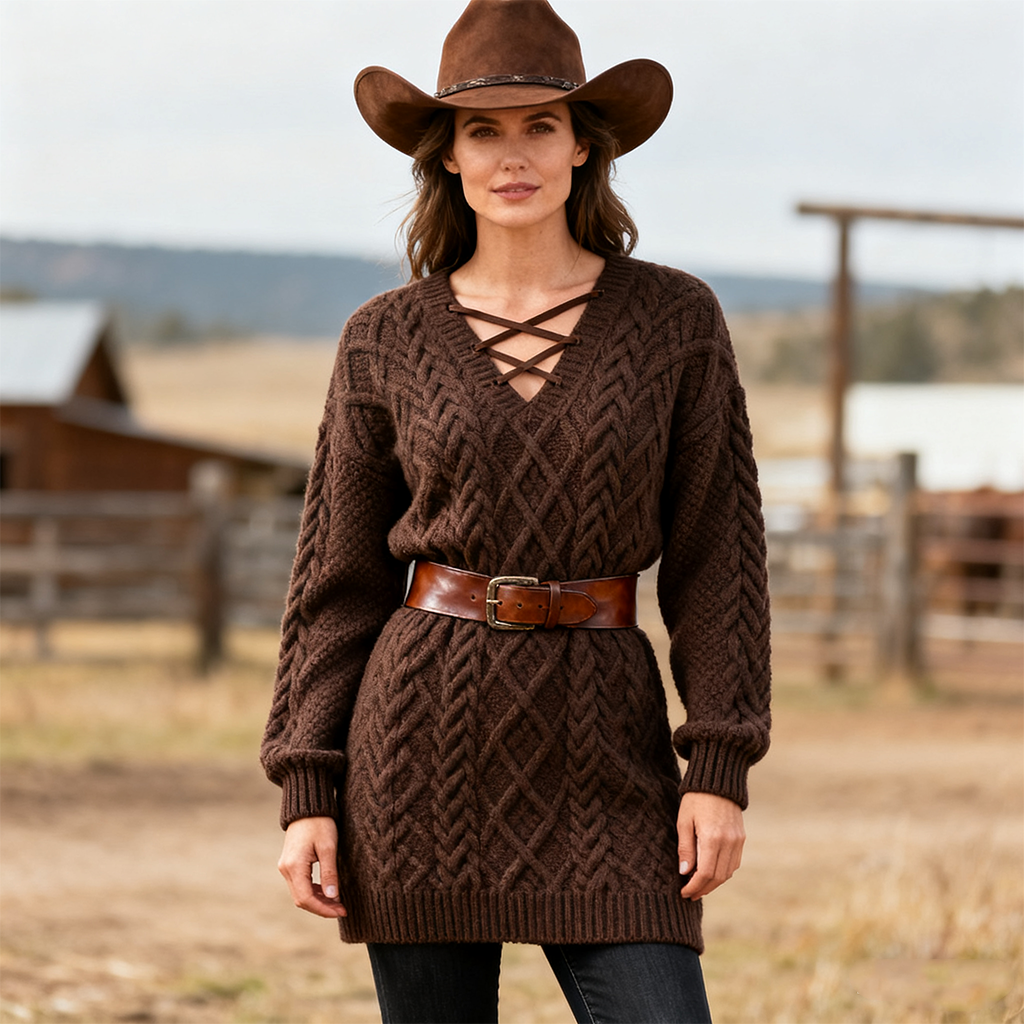 Women's Vintage Cozy Brown Cable Knit Sweater Dress With Crisscross Detail