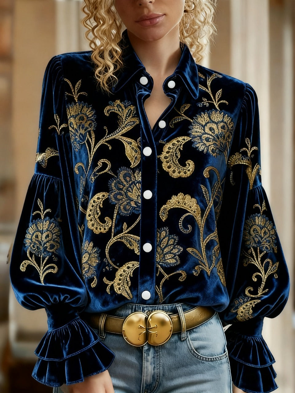 Vintage Floral Print Velvet Top