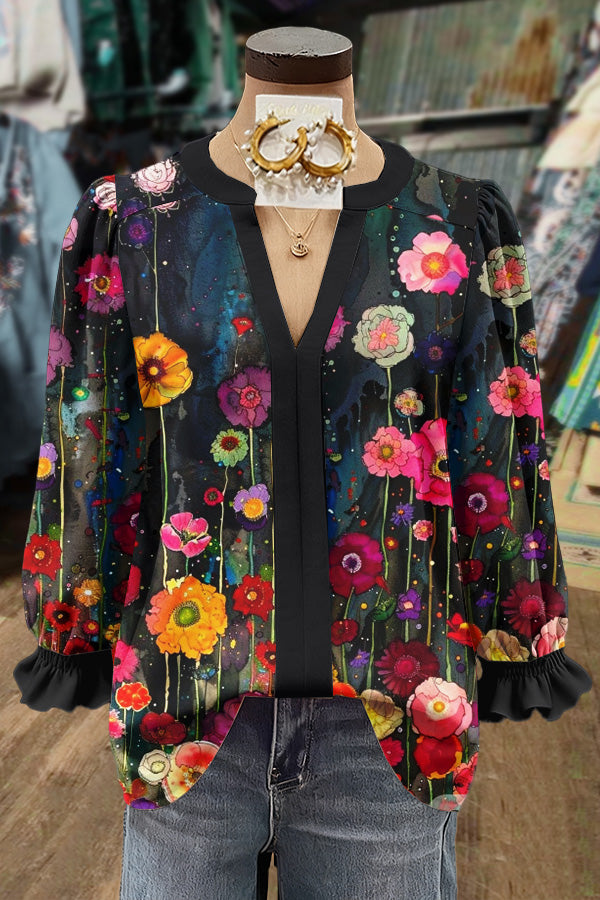Colorful Floral Print Notch Neck Top