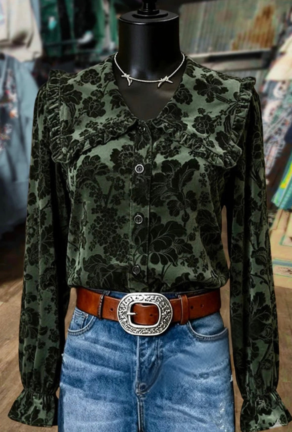 Vintage Floral Print Peter Pan Collar Velvet Top