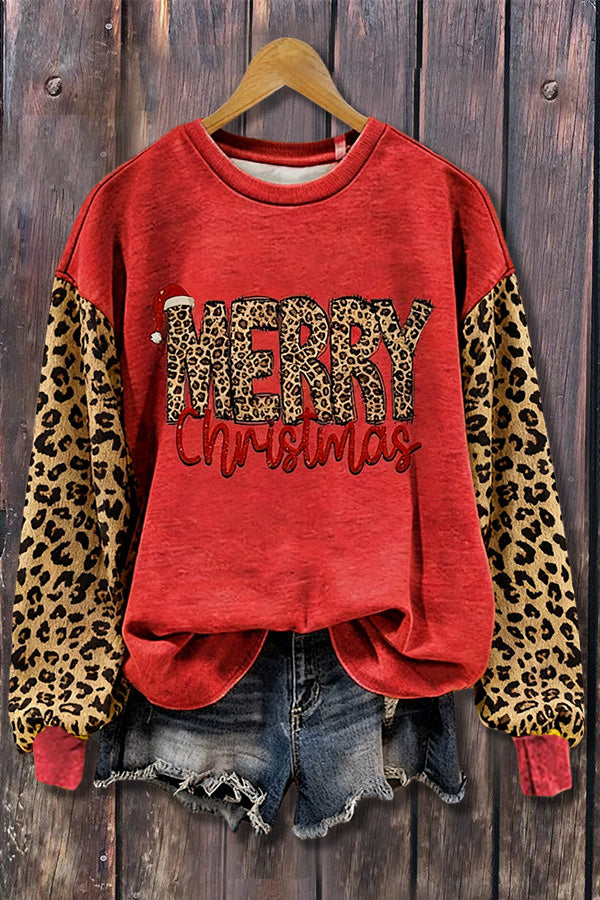 Merry Christmas Print Leopard Long Sleeve Sweatshirt