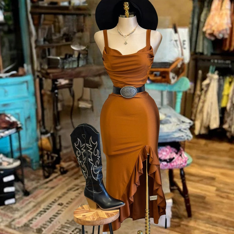 Thick Strap Heart Line Ruffle Dress-Brown