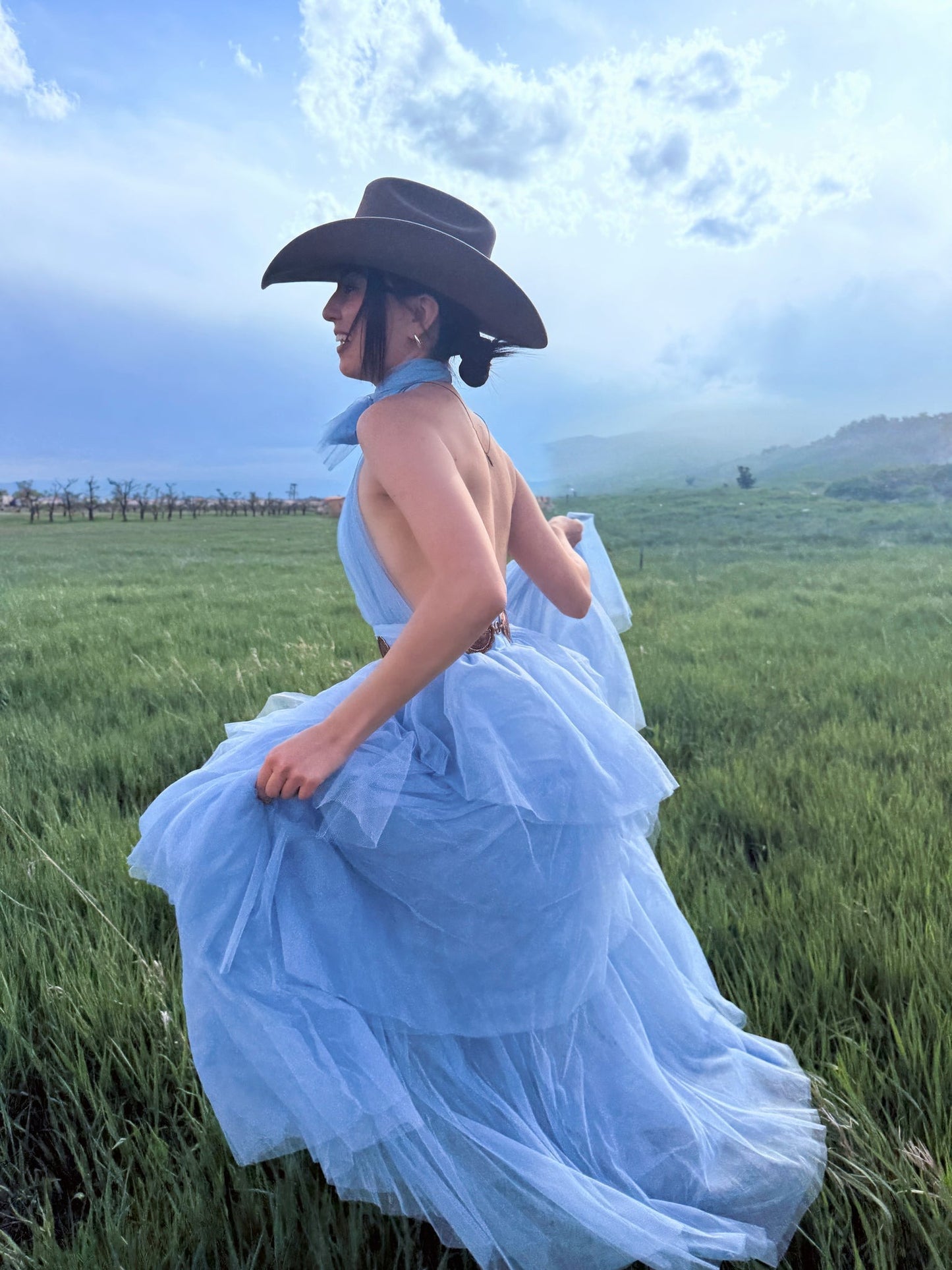 Blue Halter Maxi Tulle Dress