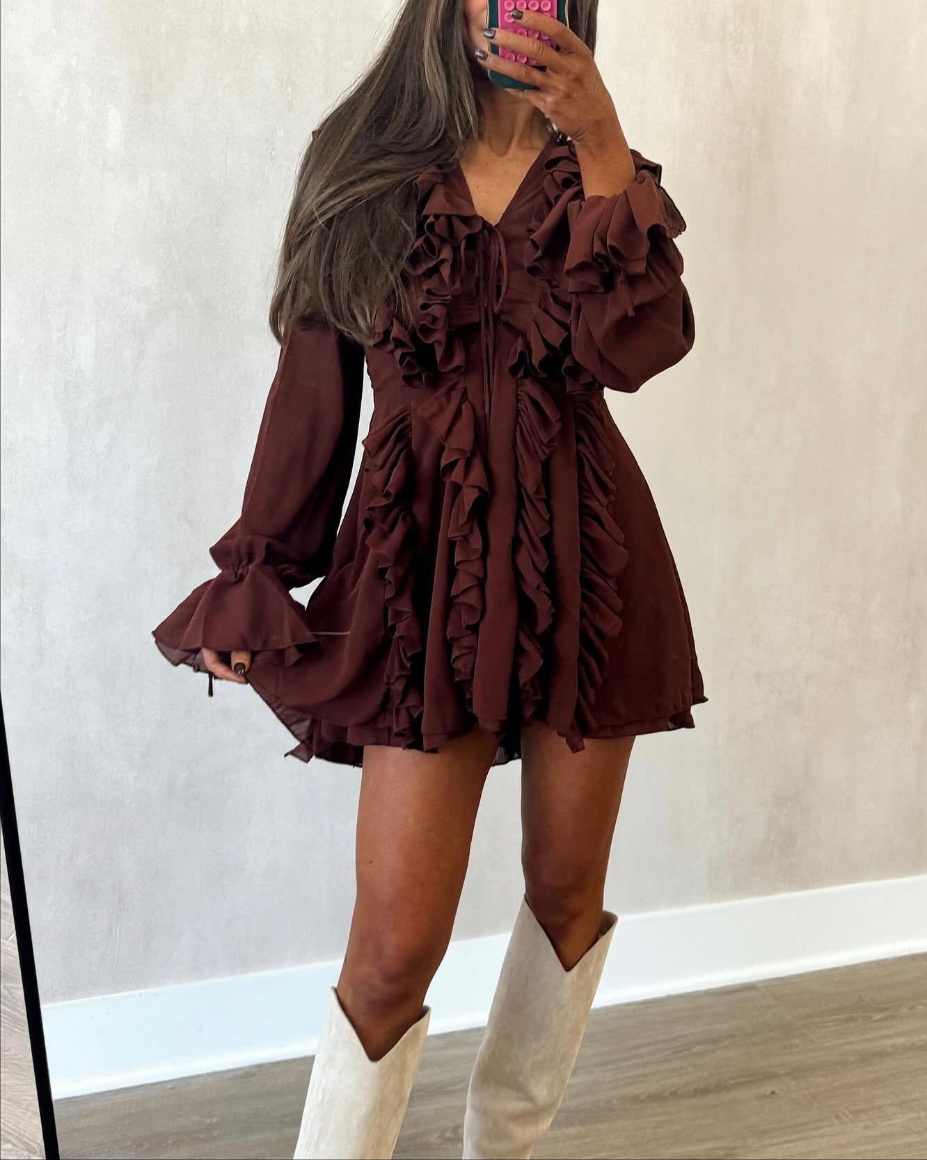 Tie-strap Bell Sleeve Dress V Neck Mini Dress