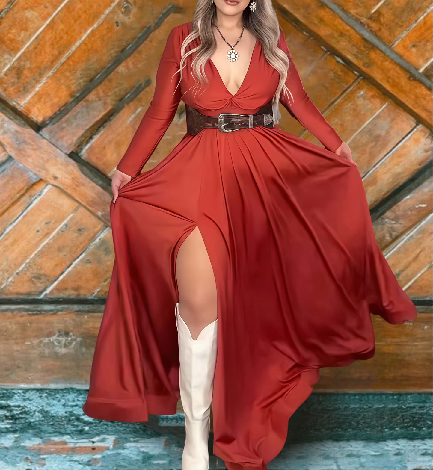 Deep V-Neck Long Sleeve Slit Maxi Dress