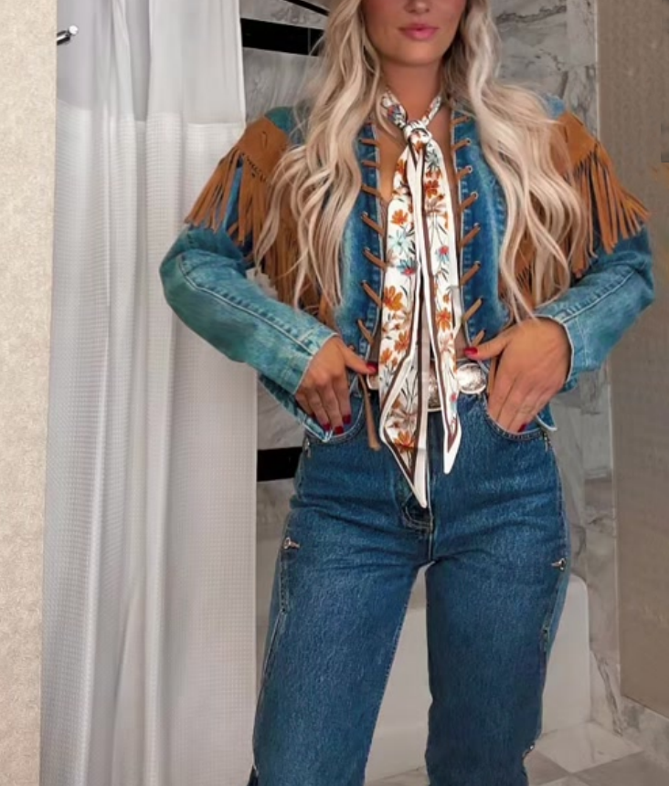 Western lapel blazer fringed denim jacket