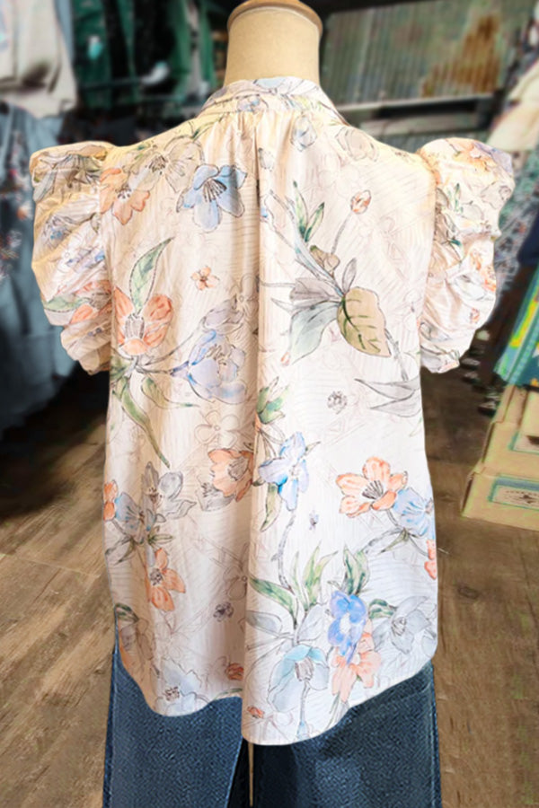 Chic Floral Print Ruffle Sleeve Top