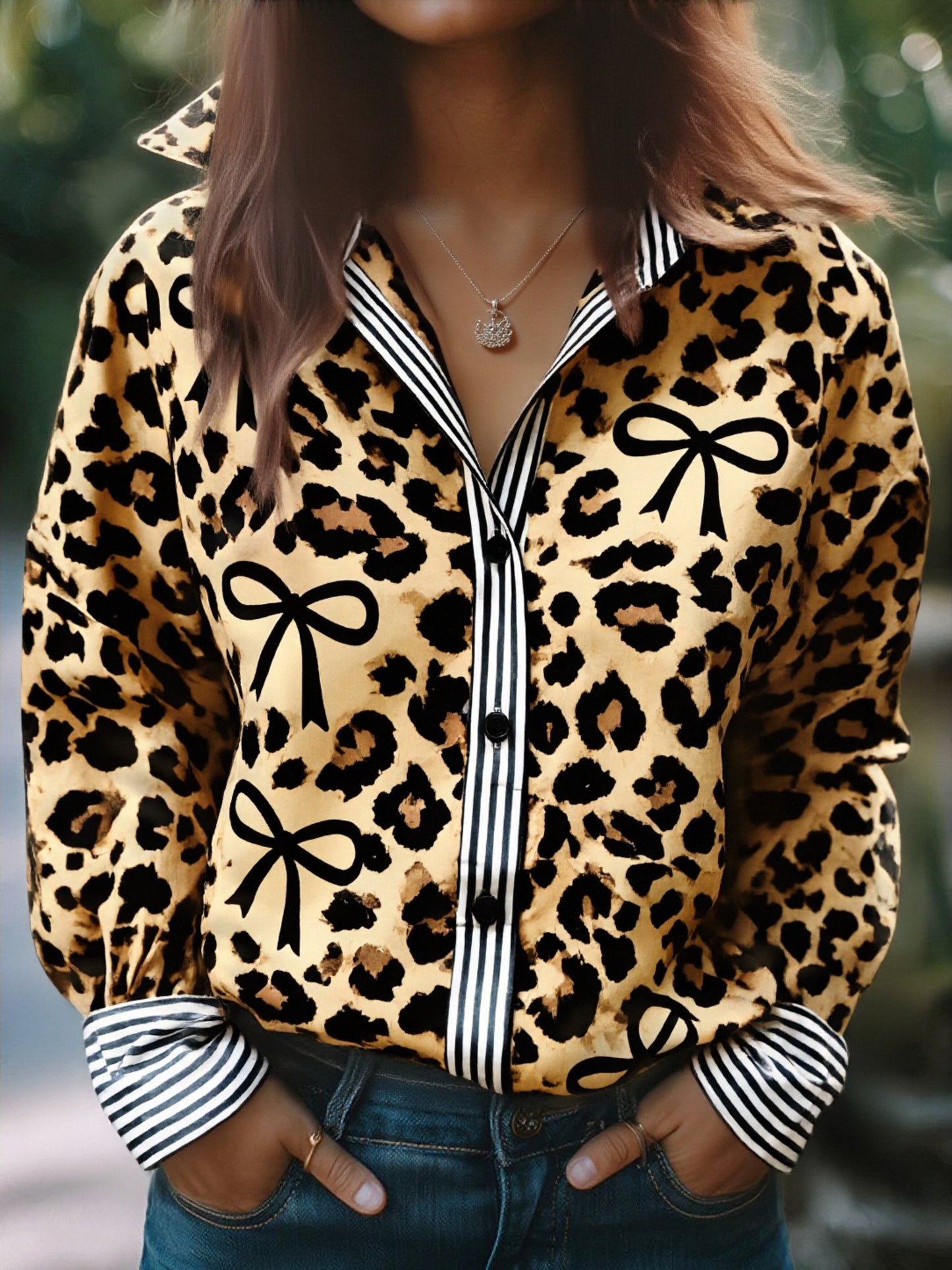 Leopard Bow Print Striped Collar Long Sleeve Blouse