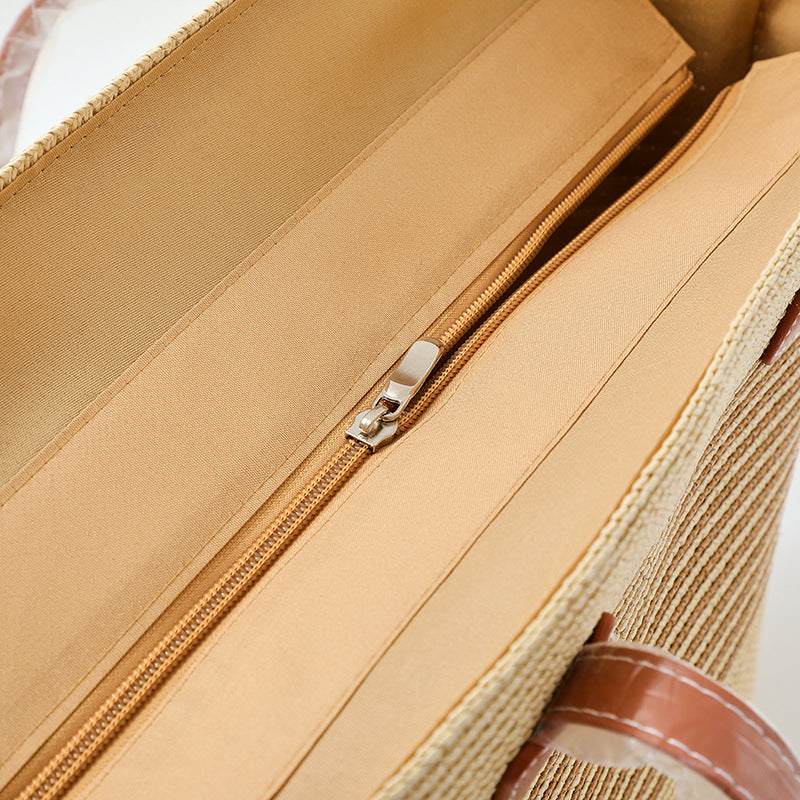 Bohemian Straw Striped Hat And Tote Bag Two-piece Set For Summer Outings