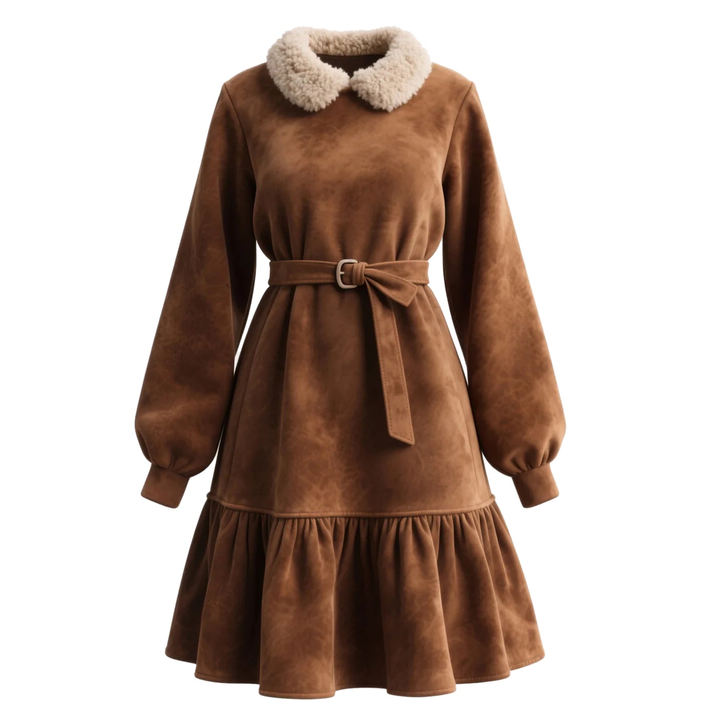 Outdoor Retro Western Style Women's Suede Long Sleeve Fur Collar Dress