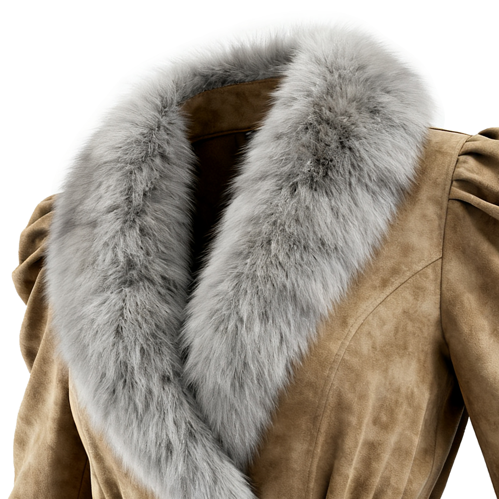 Women's Elegant Double-breasted Ruffled Khaki Suede Coat With Fur Collar