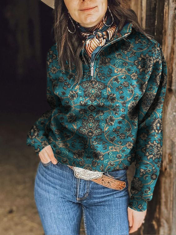 Women's Vintage Floral Print Zipper Collar Sweatshirt