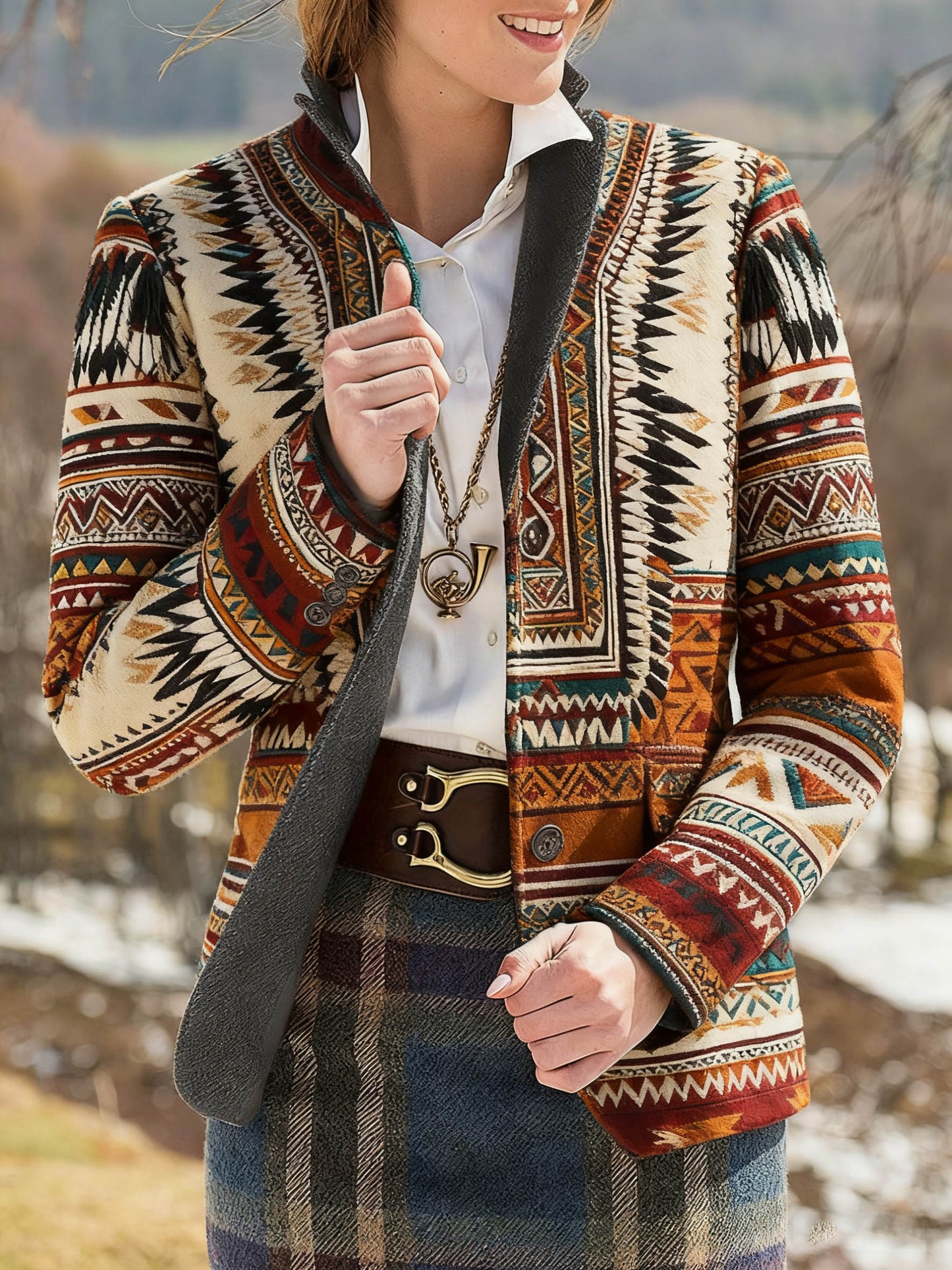 Women's Retro Ethnic Pattern Print Slim Fit Suit Jacket