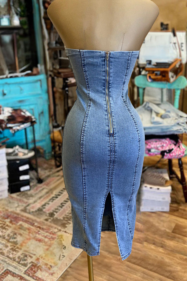 Vintage Wash Strapless Denim Bodycon Dress-0520