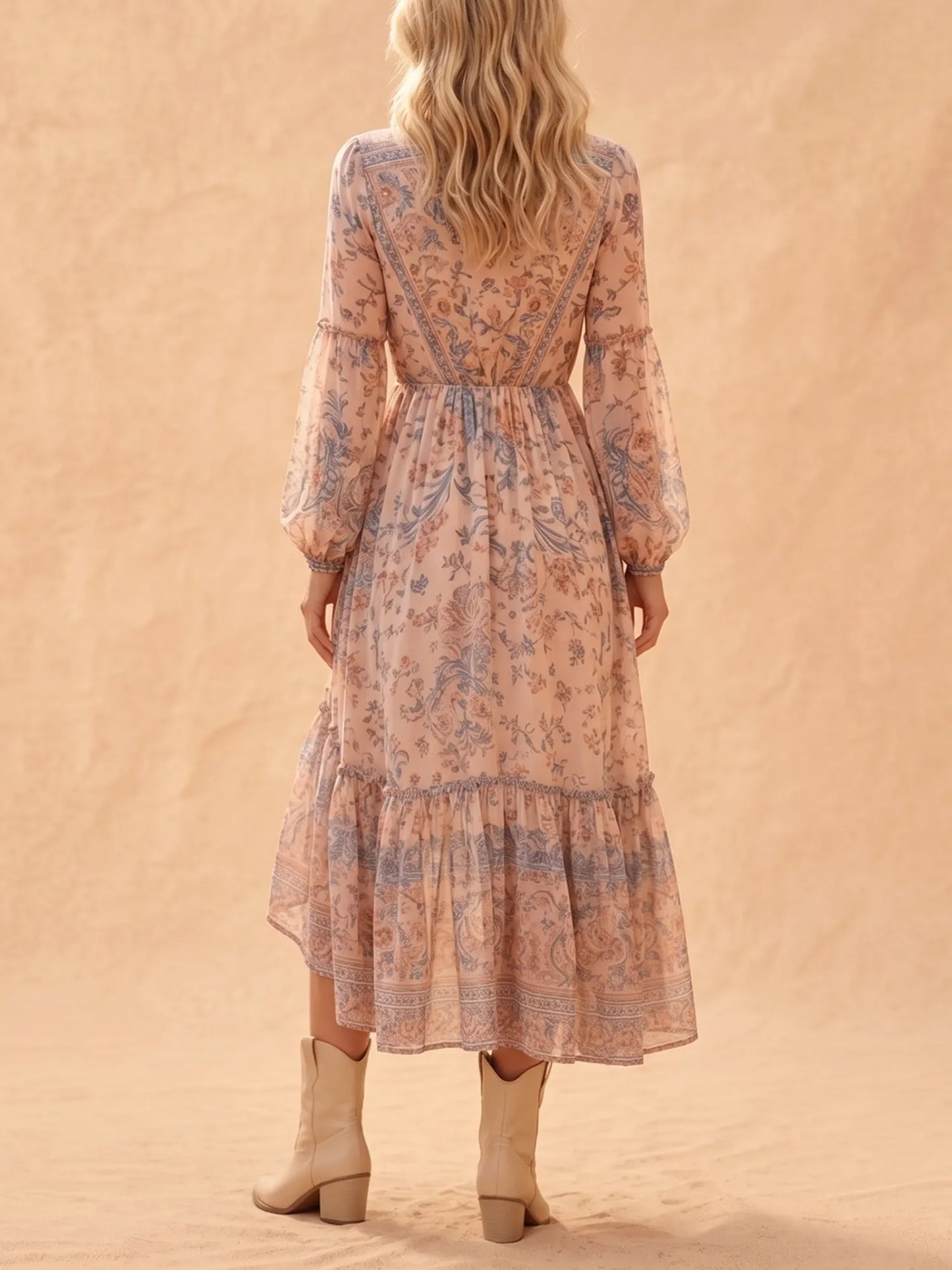 Charcoal Brown Vintage Paisley Chiffon Surplice V-Neck Bishop Sleeve High-Low Tiered Maxi Dress