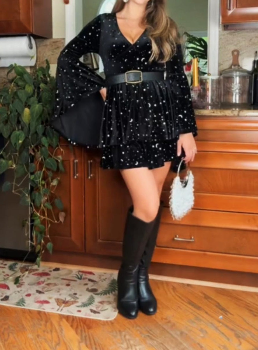 Velvet V-neck Star & Moon Pattern Bell Sleeve Dress