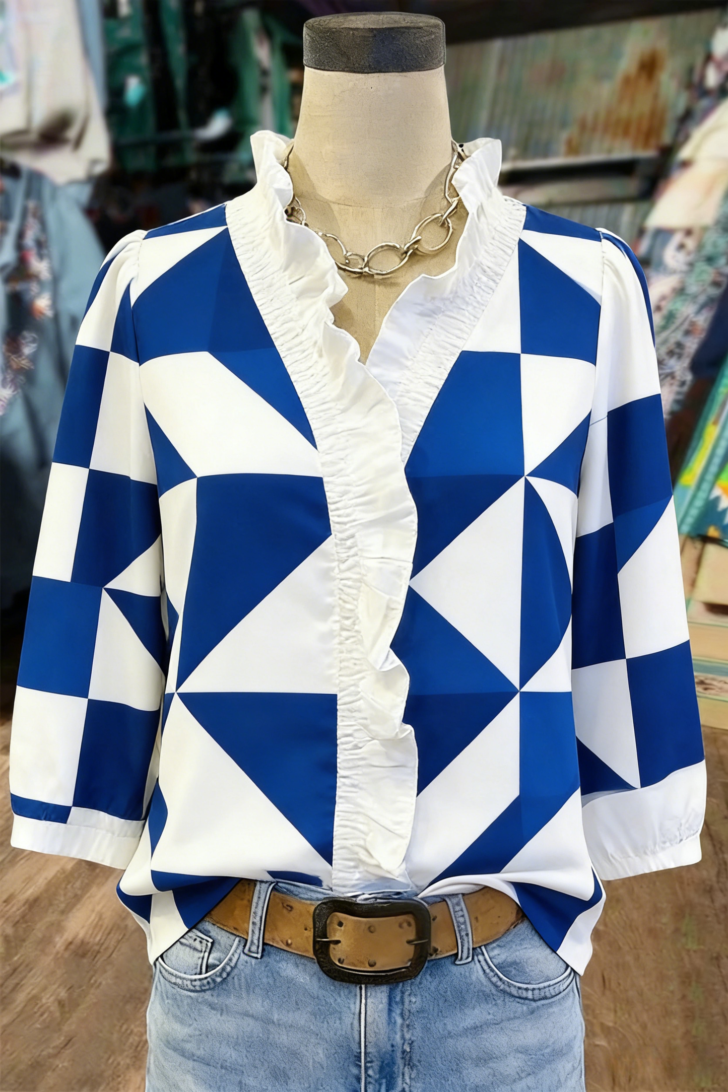 Blue & White Geometric Print Ruffle-Neck Blouse – 3/4 Sleeve Top
