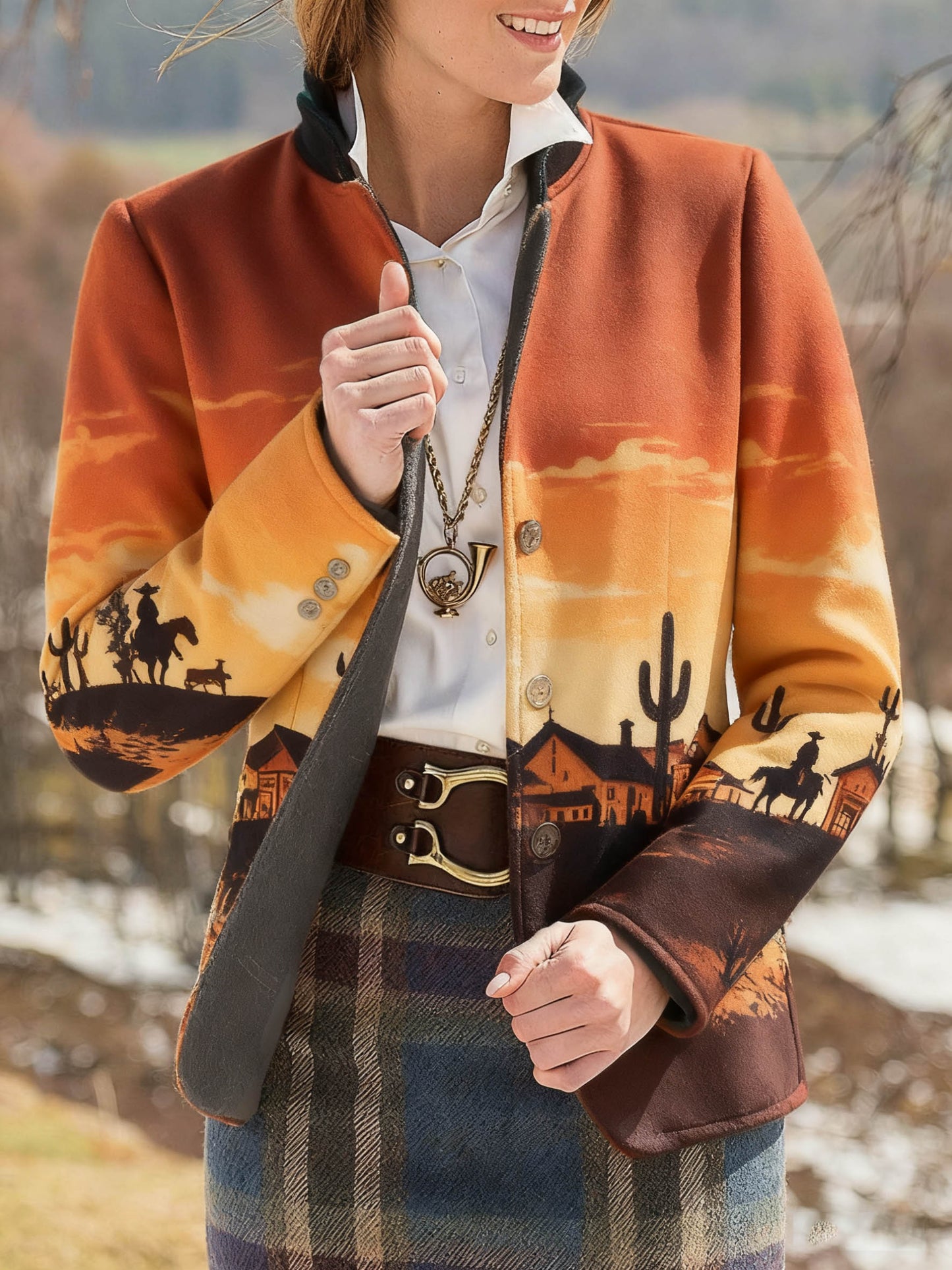 Women's Evening Scenery Print Slim Fit Suit Jacket