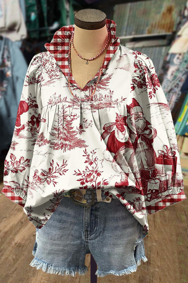 Vintage Christmas Santa Print Plaid V-Neck Top