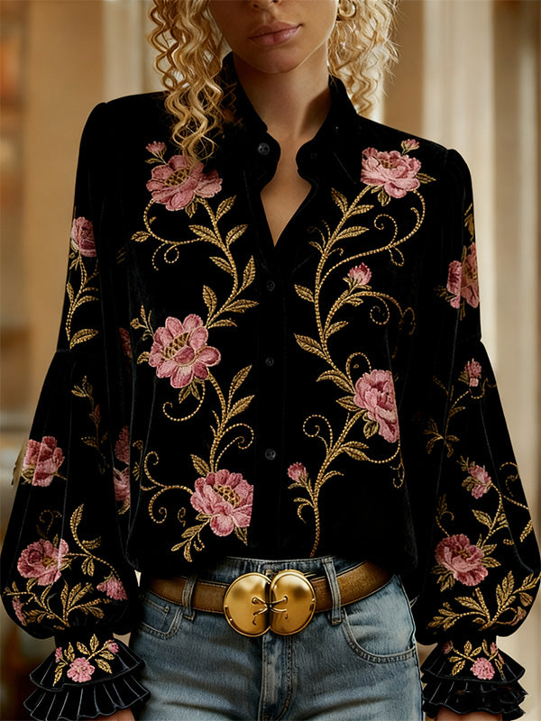 Retro Floral Embroidered Button Up Velvet Top