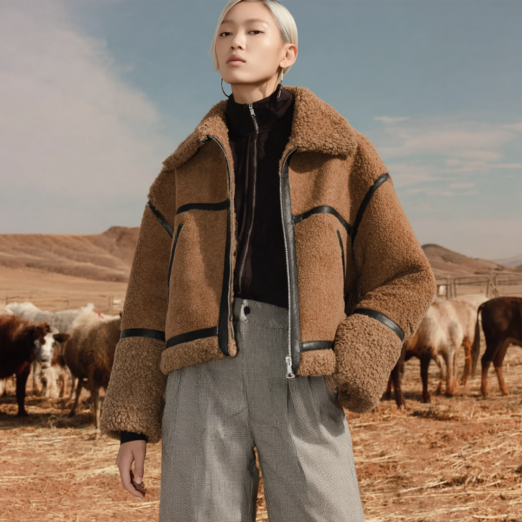 Women's Vintage Cozy Brown Teddy Coat With Leather Trim