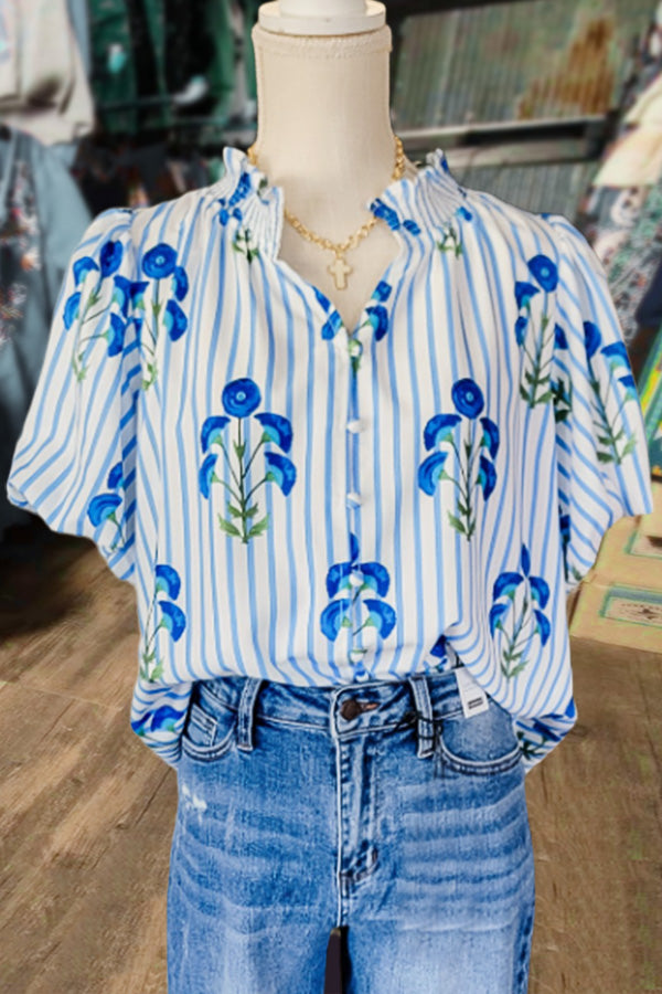 Striped Floral Print Puff Sleeve Top