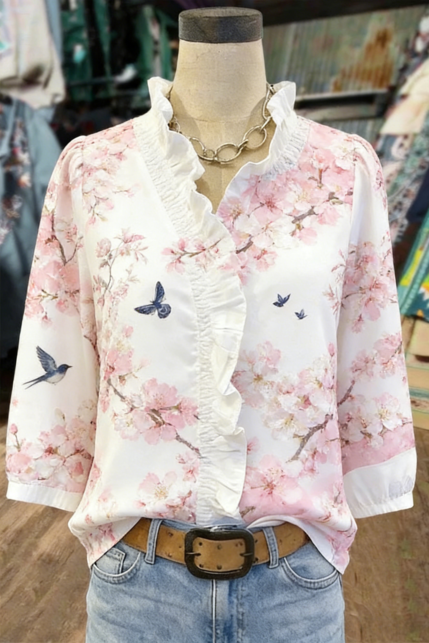 Cherry Blossom & Bird Print Ruffle-Neck Blouse – 3/4 Sleeve Top
