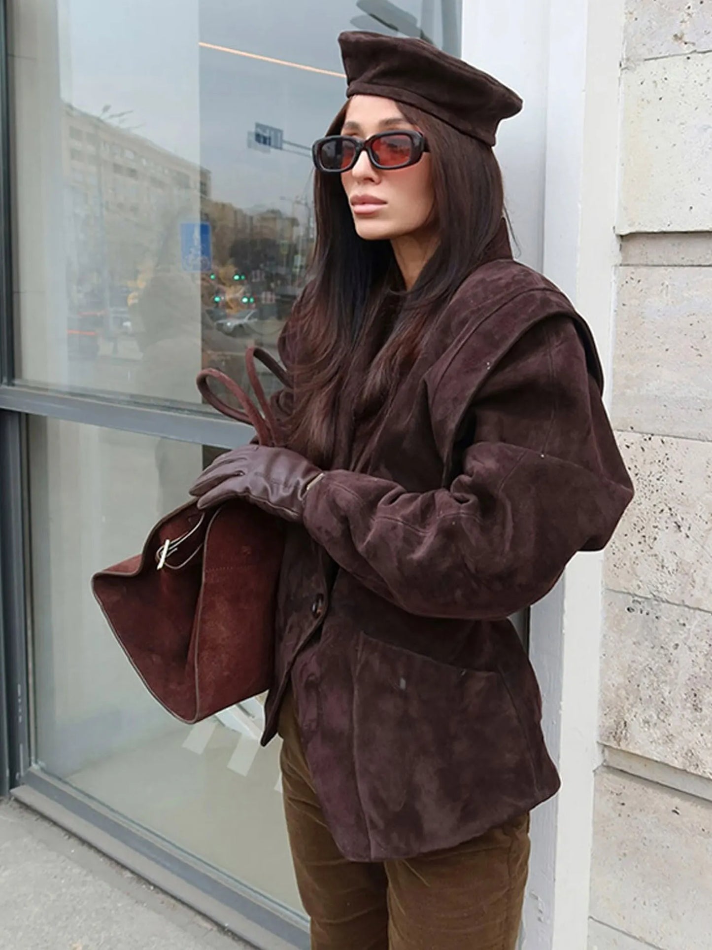 Brown & Red Faux Suede Structured Shoulder Single Button Western Blazer