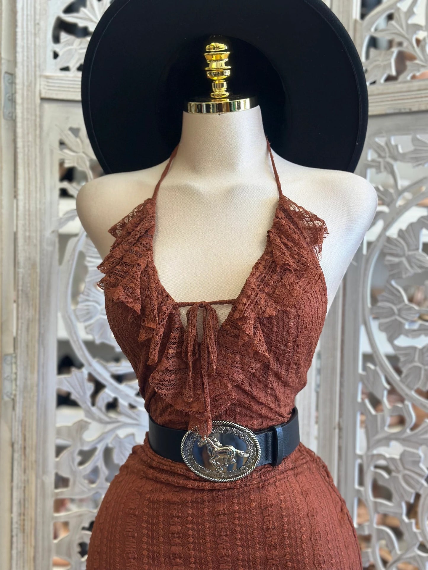 Western Boho Ruffle Halter Dress – Caramel Brown