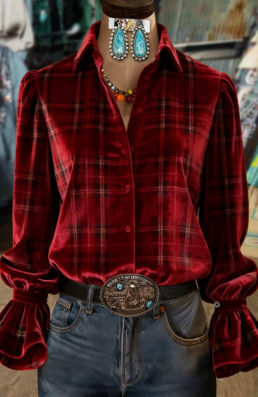 Holiday Plaid Collared Flared Sleeve Velvet Top