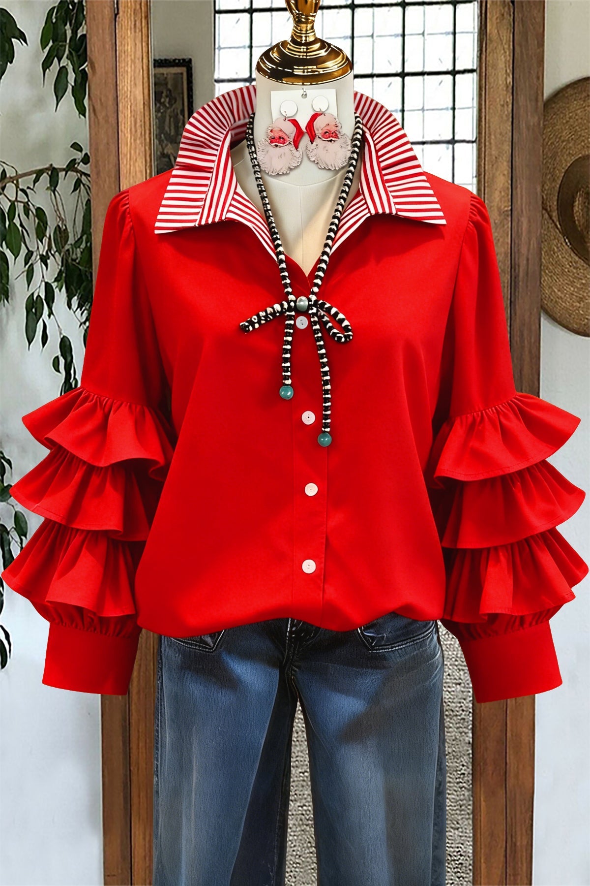 Classic Striped Ruffle Blouse