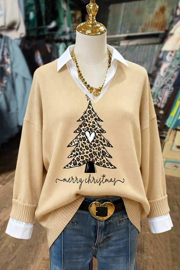 Christmas Tree Print Fake Collar Long Sleeve Sweater