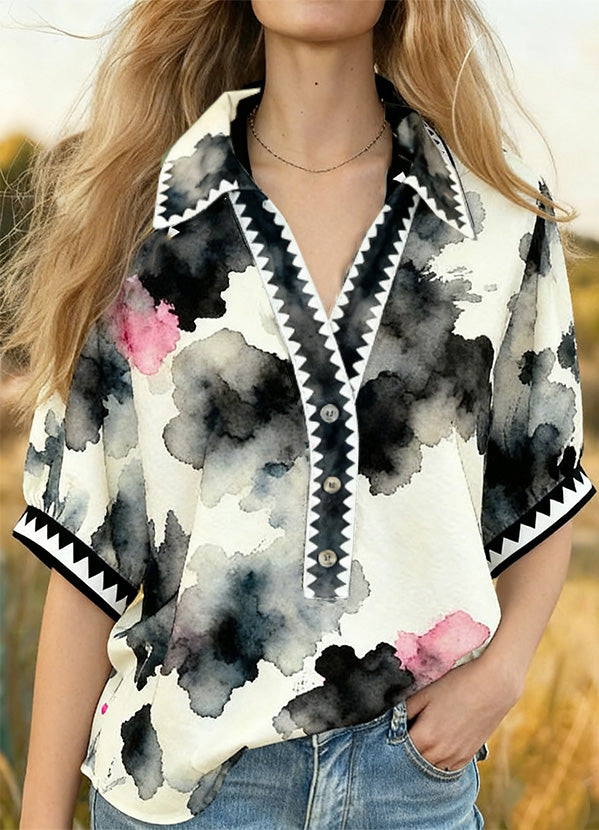 Abstract Print Colalred Short Sleeve Top