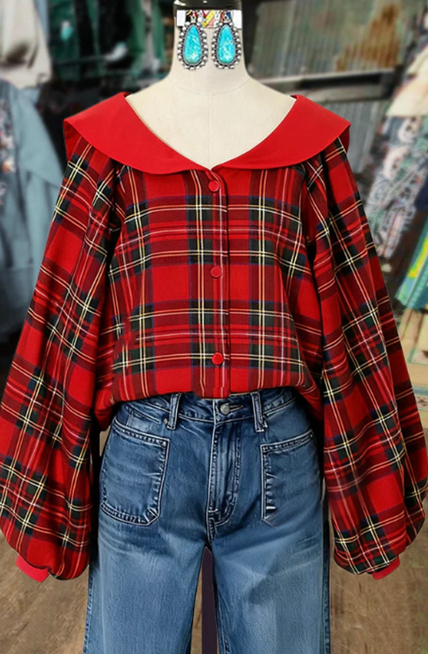 Holiday Plaid Button Detailed Balloon Sleeve Top