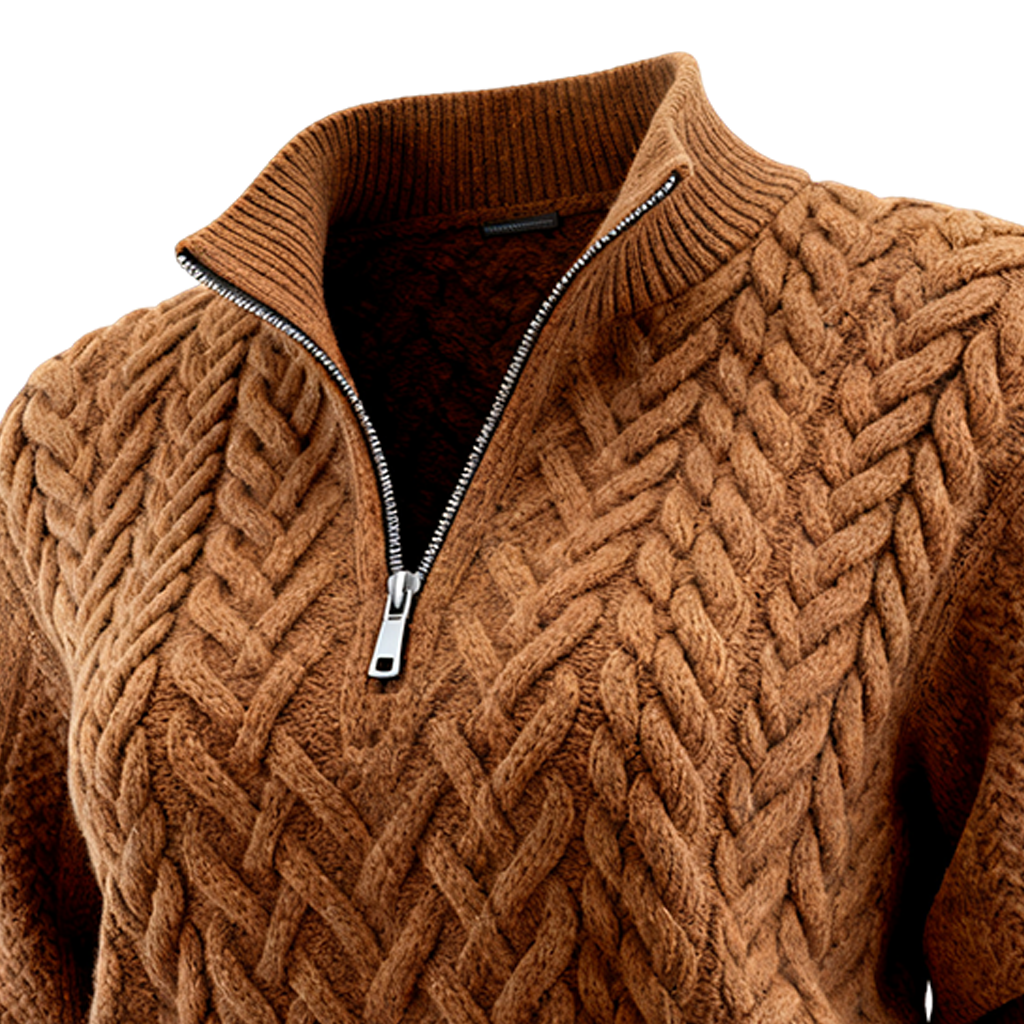 Women's Vintage Brown Cable Knit Sweater With Zipper And Belt