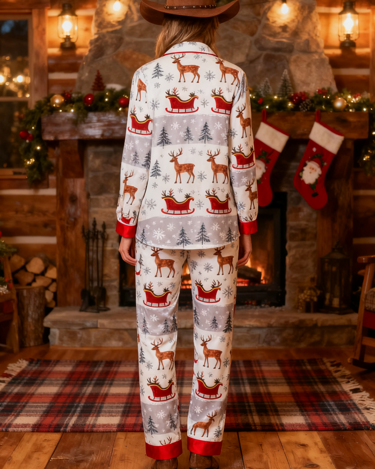 Women's Christmas Elk Pattern Bow Long Sleeve Pants Suit