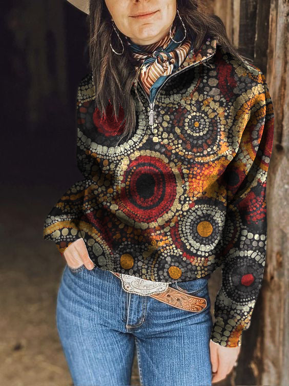 Women's Retro Abstract Pattern Print Zipper Collar Sweatshirt