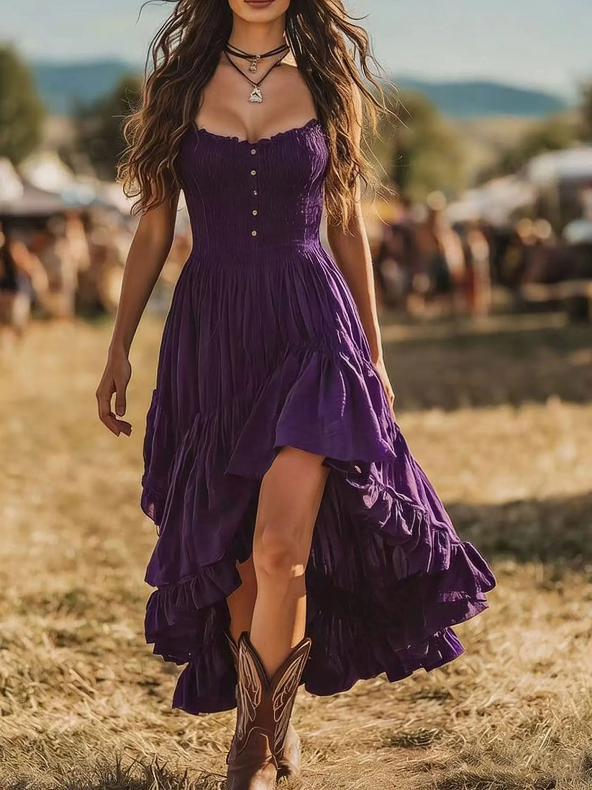 Dark Boho Aesthetic Midnight Desert Romance, Burgundy Smocked High-Low Tiered Maxi Dress