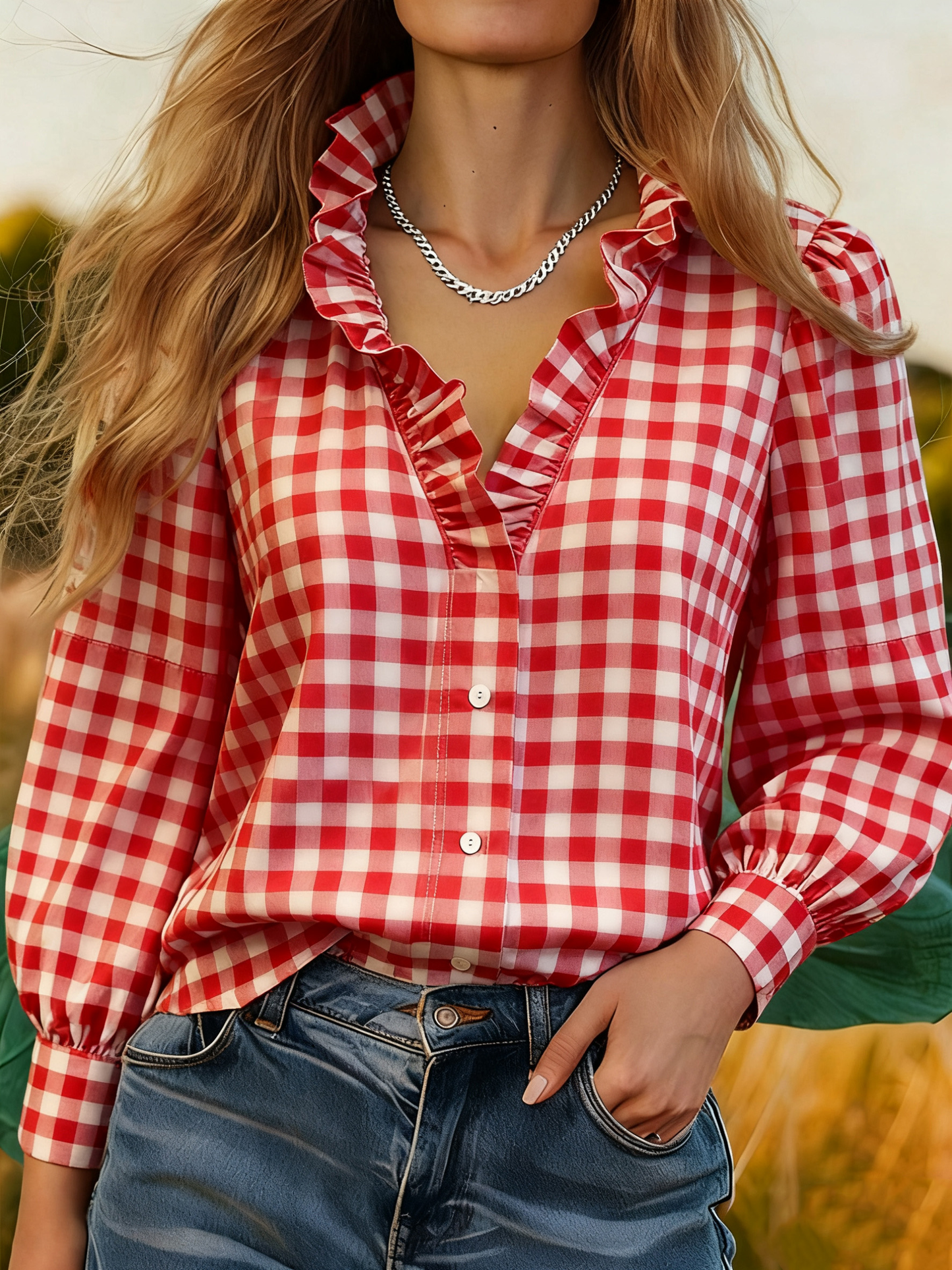 Classic Plaid Ruffle Neck Button Up Blouse