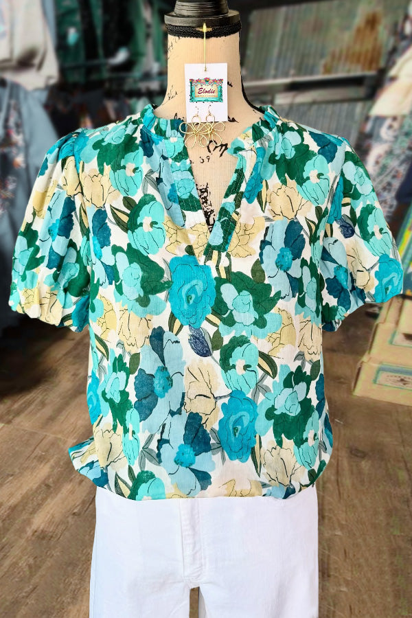 Floral Print V-Neck Puff Sleeve Top