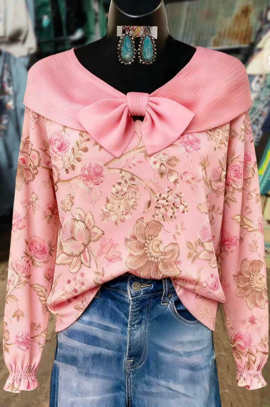 Sweet Floral Print Bow Detailed Long Sleeve Top
