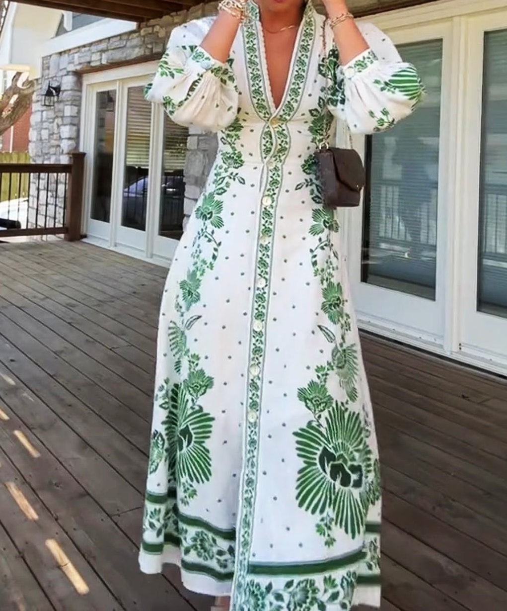 Holiday Print V Neck Buttons Slit Dress