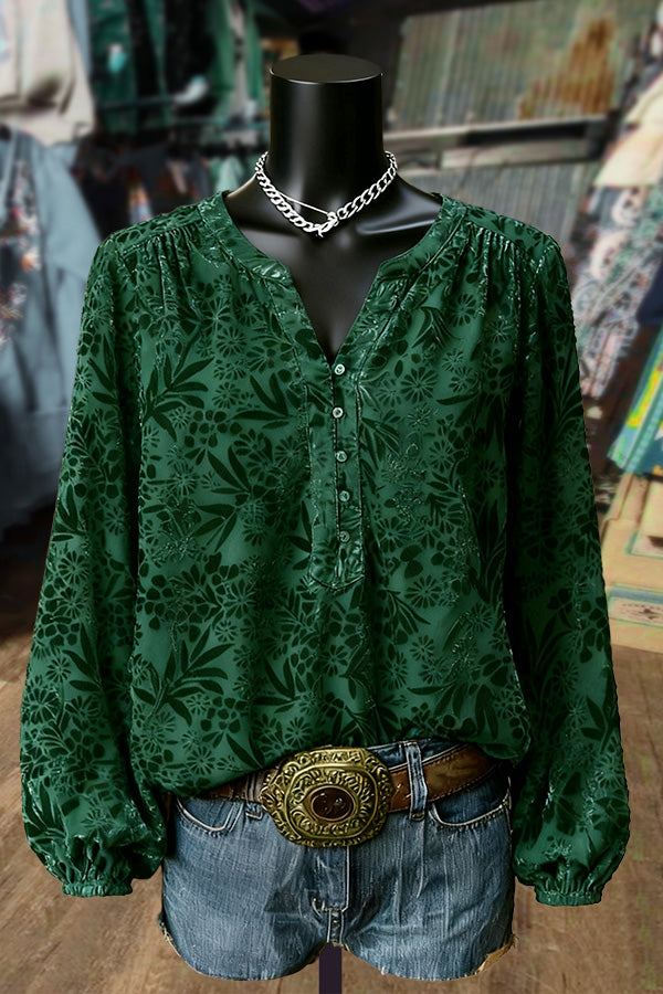 Vintage Florla Print Split Neck Velvet Top