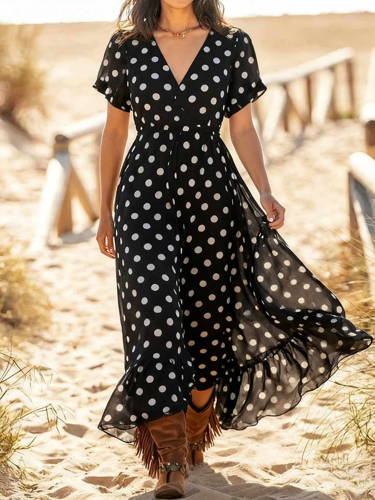 Women's Fashion White Polka Dot V-Neck Long Dress