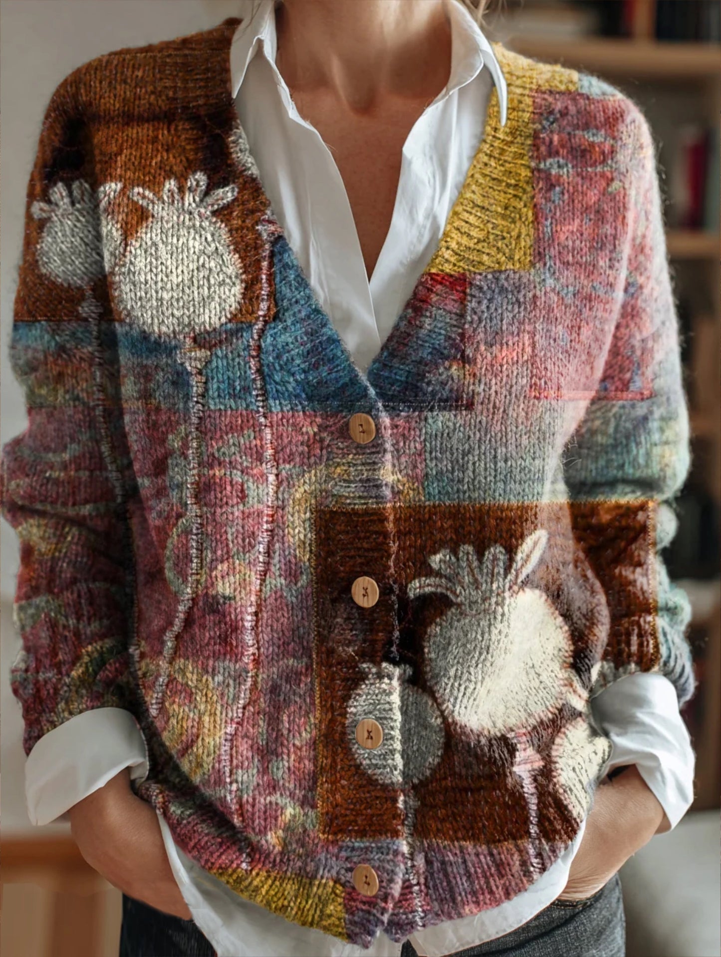 Women's Vintage Floral Patchwork Art Print Casual Versatile V-Neck Cardigan