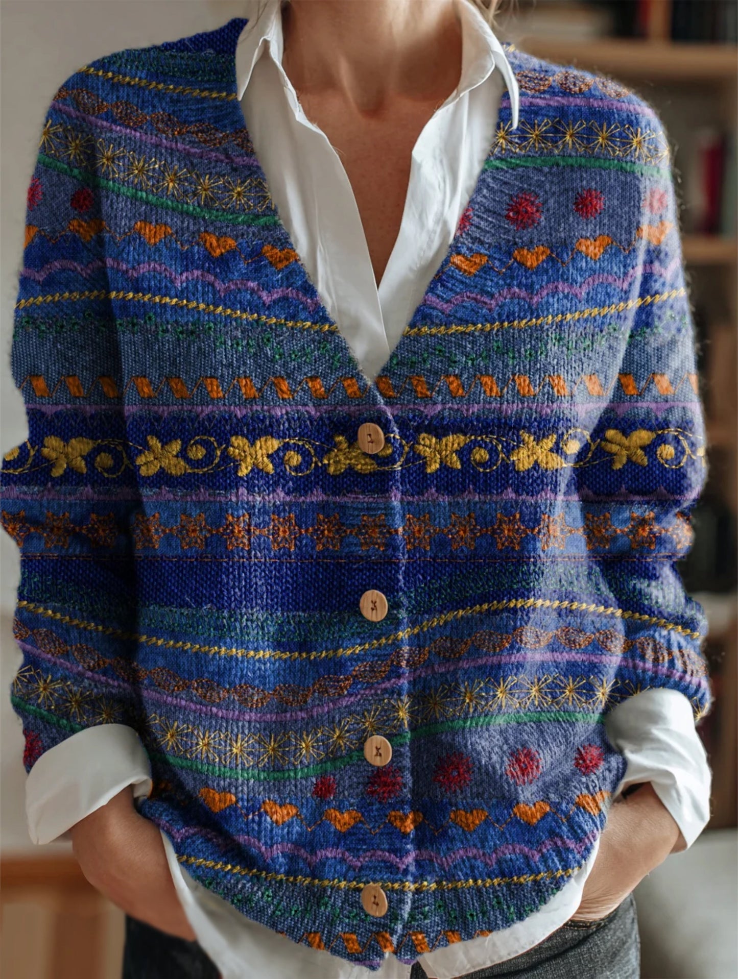 Women's Blue Floral Patchwork Art Print Casual Versatile V-Neck Cardigan