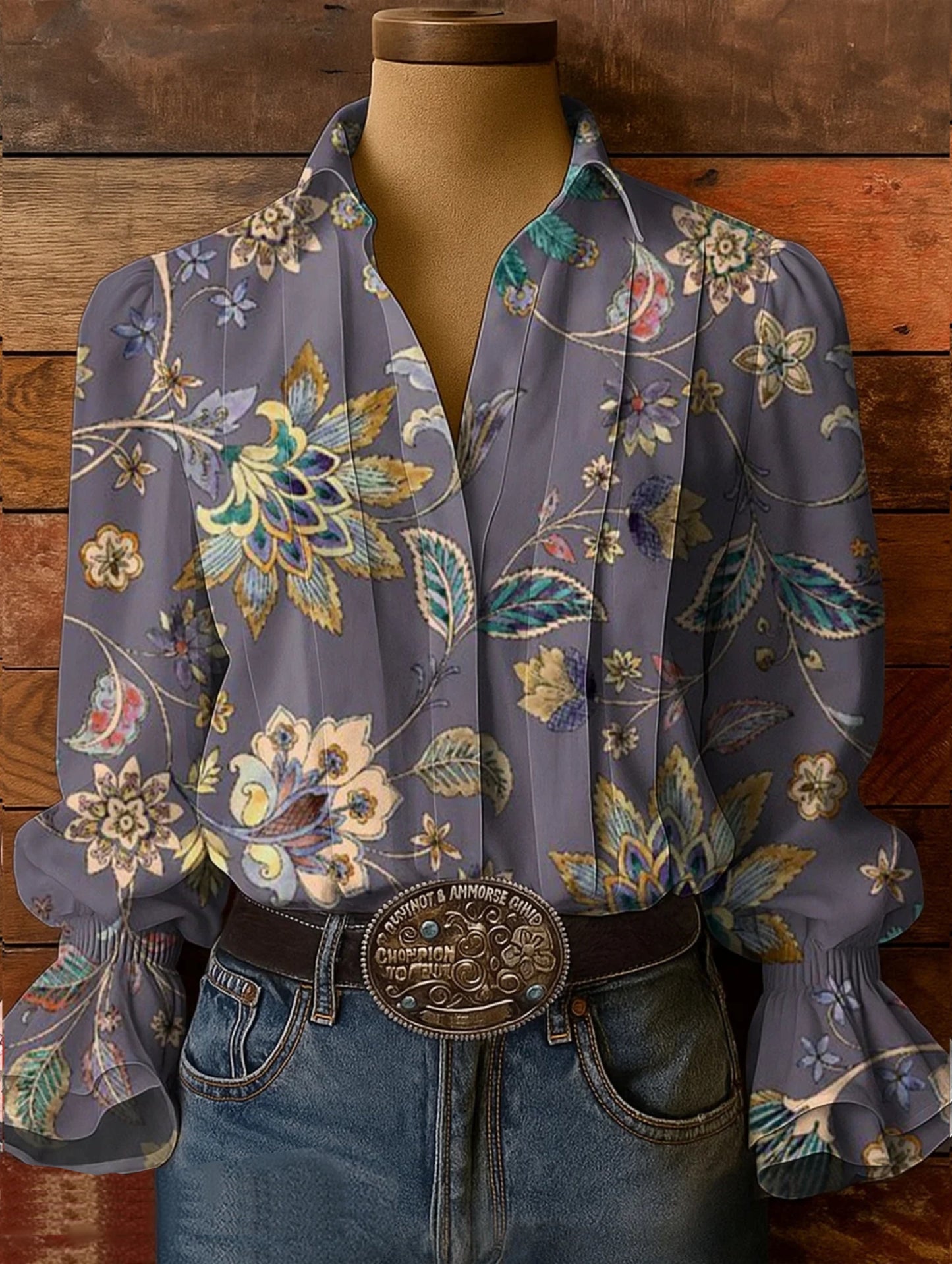 Women's Folk Floral Art Patterns Print Casual Cotton And Linen Shirt