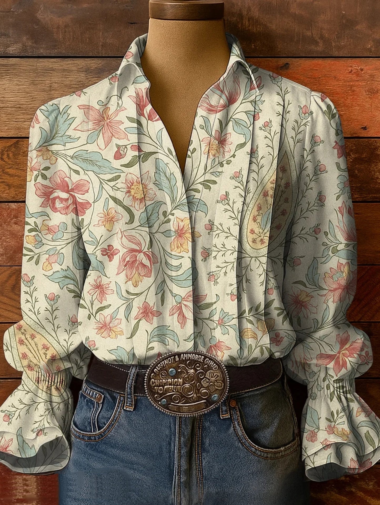 Women's Paisley Floral Art Pattern Print Casual Cotton And Linen Shirt